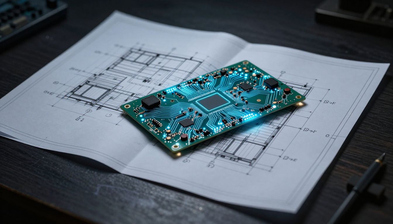 Blueprint overlapping with circuit board — the gap between specification and implementation
